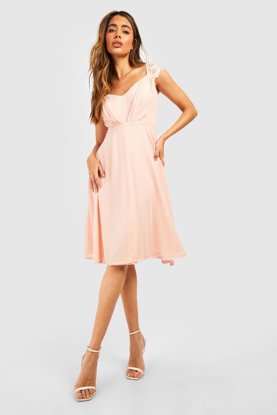 Blush pink Chiffon Lace Midi Skater Bridesmaid Dress image number 1