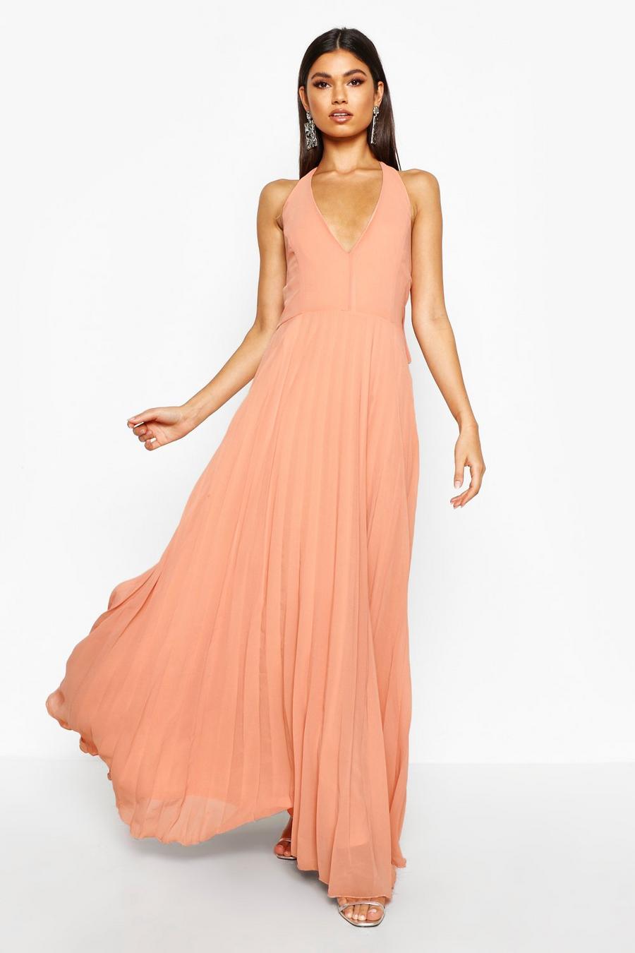 Apricot Chiffon Pleated Plunge Maxi Bridesmaid Dress image number 1