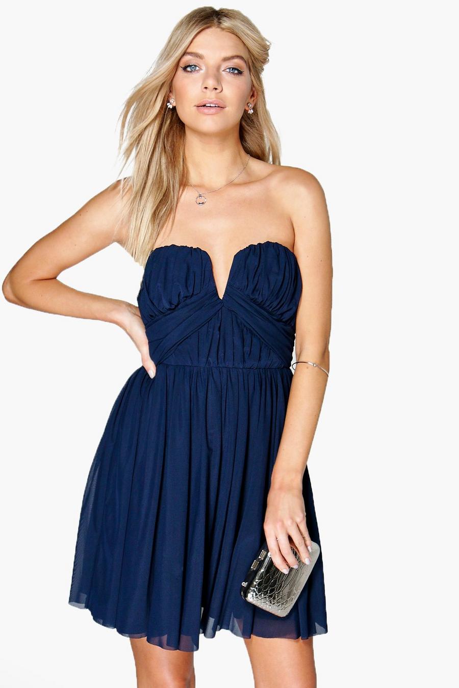 Navy Boutique Becky Mesh Rouched Plunge Prom Dress image number 1