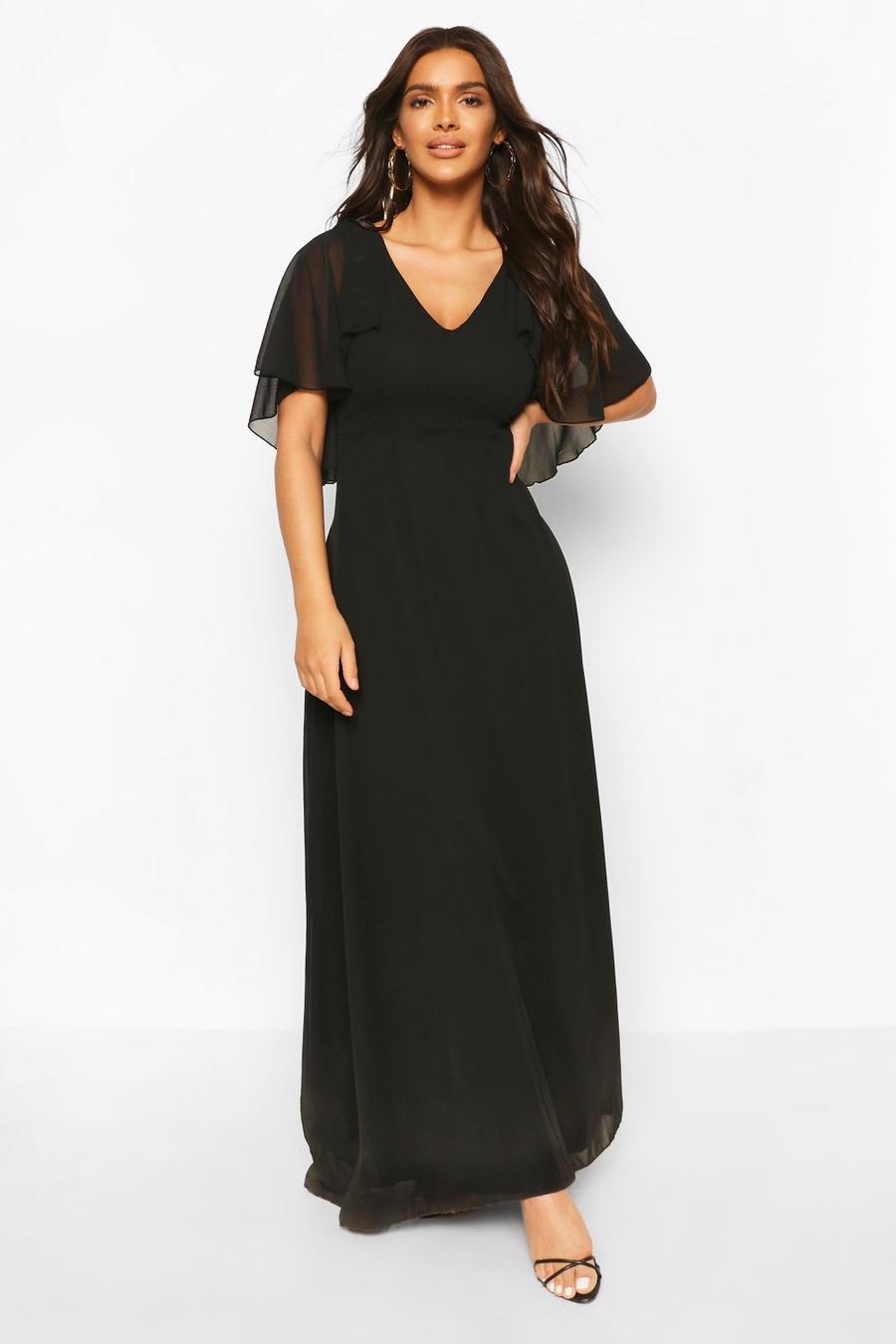 Black svart Chiffon Cape Sleeve Maxi Bridesmaid Dress