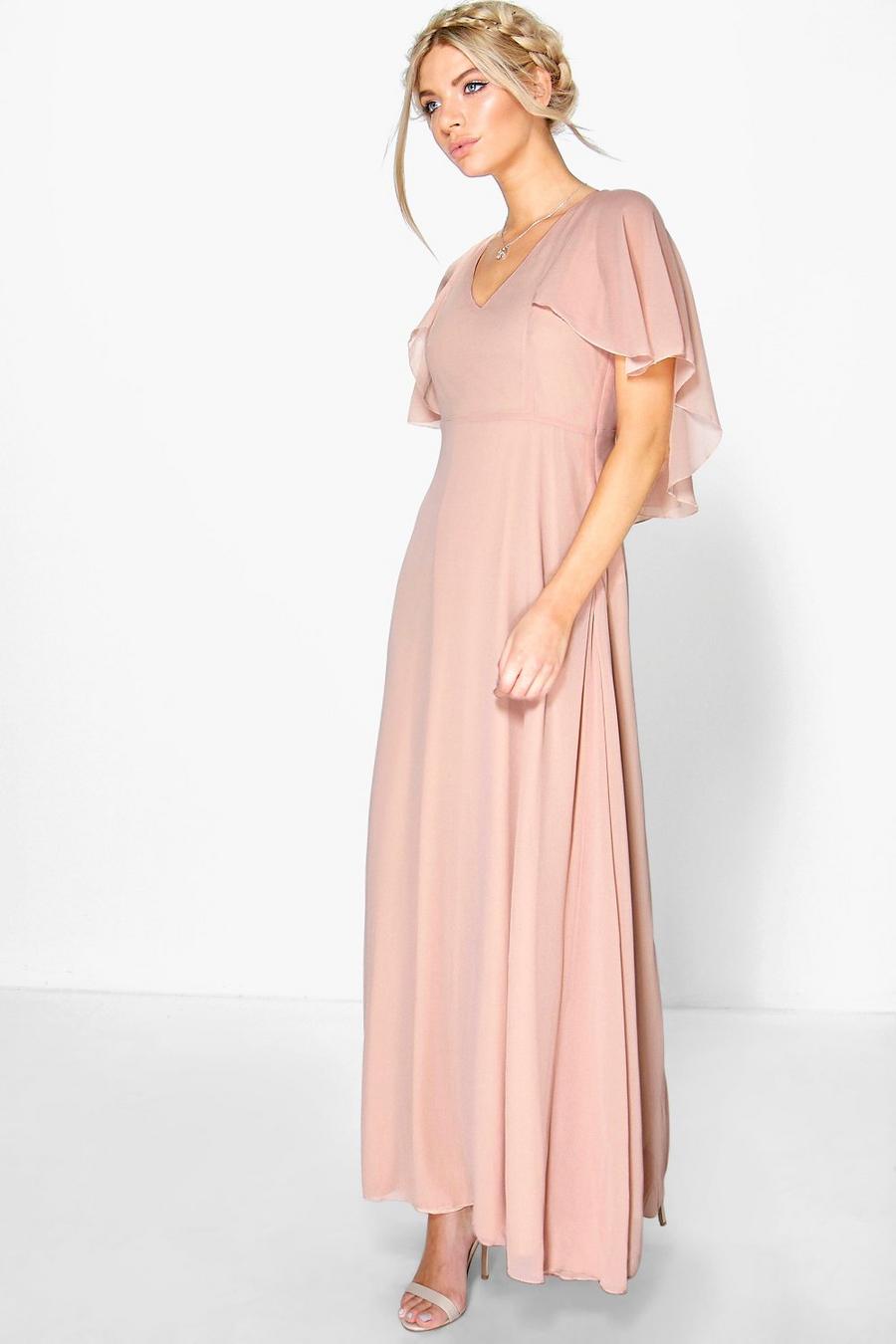 Blush rose Chiffon Cape Sleeve Maxi Bridesmaid Dress