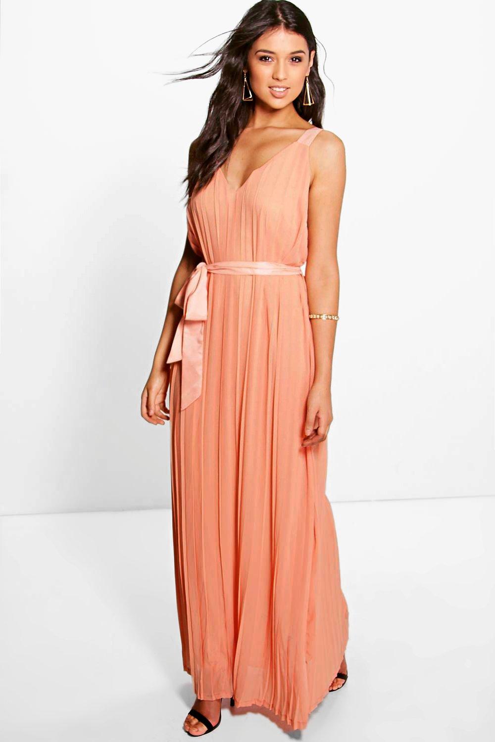 chiffon pleated plunge maxi dress
