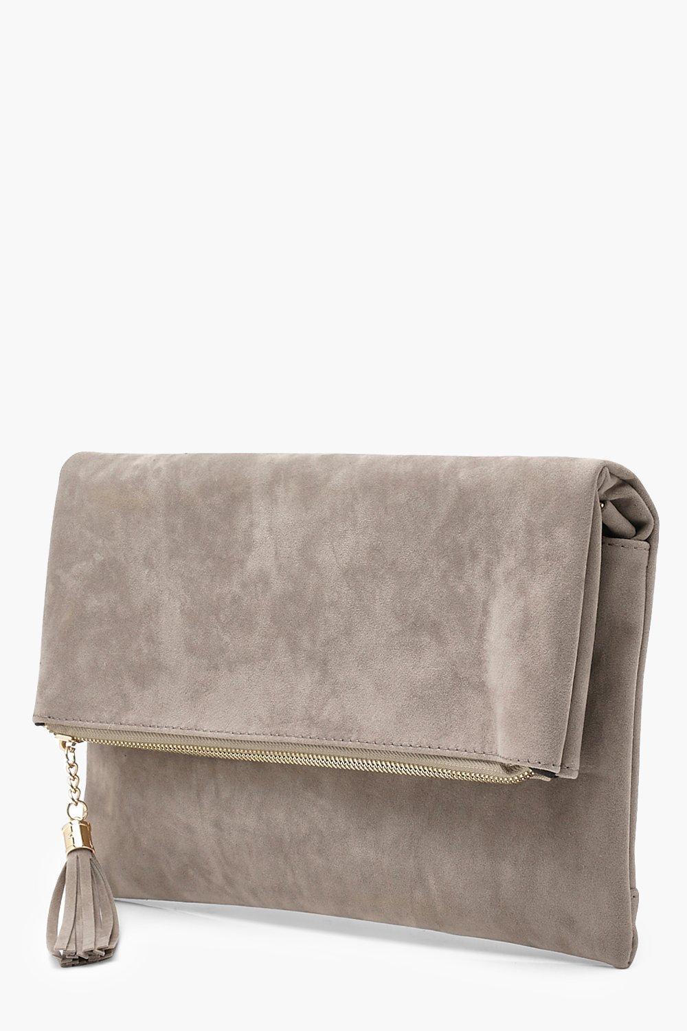 grey suedette clutch bag