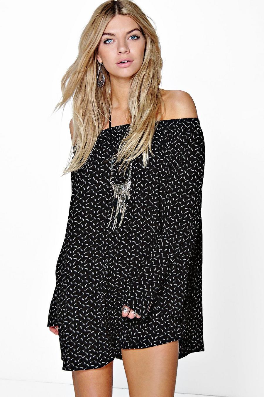 Black Catalina Off The Shoulder Feather Print Dress