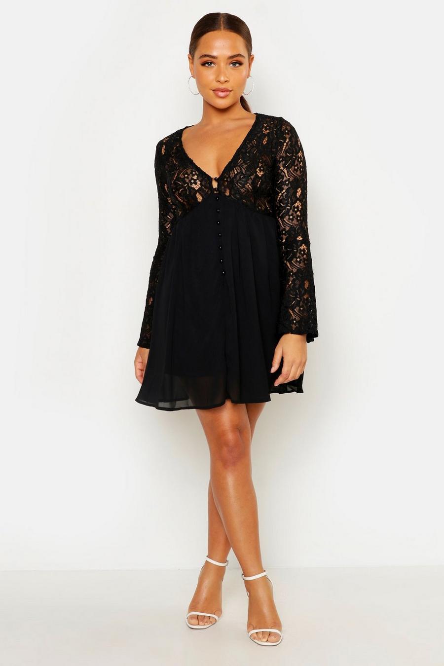 Black Corded Lace Button Woven Smock Dress image number 1