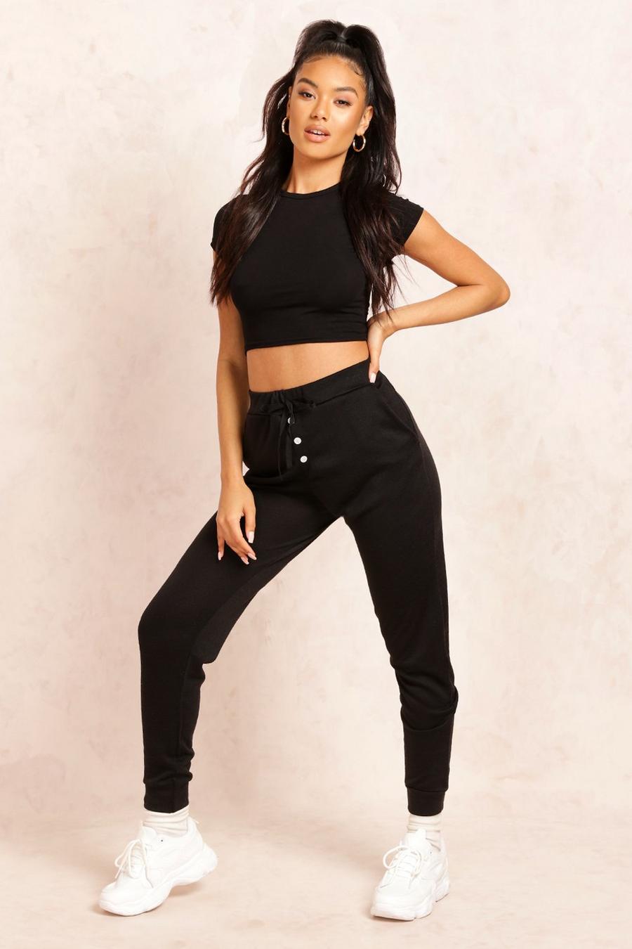 Black Button Detail Jersey Track Pants image number 1