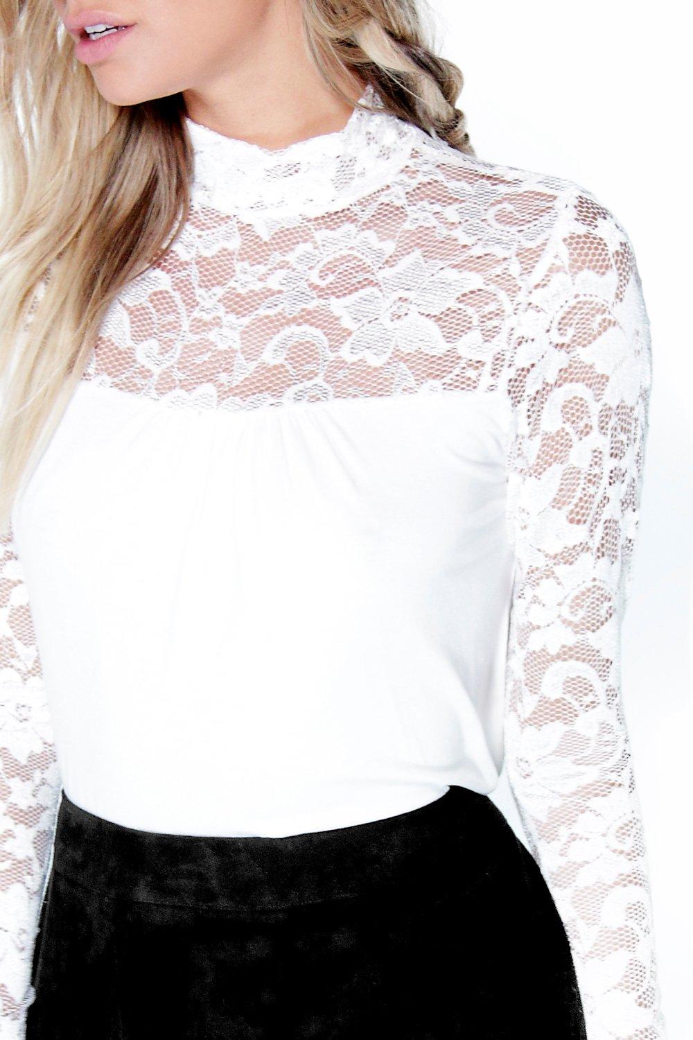 Summer Long Sleeve Lace Yoke Turtle Neck Top boohoo