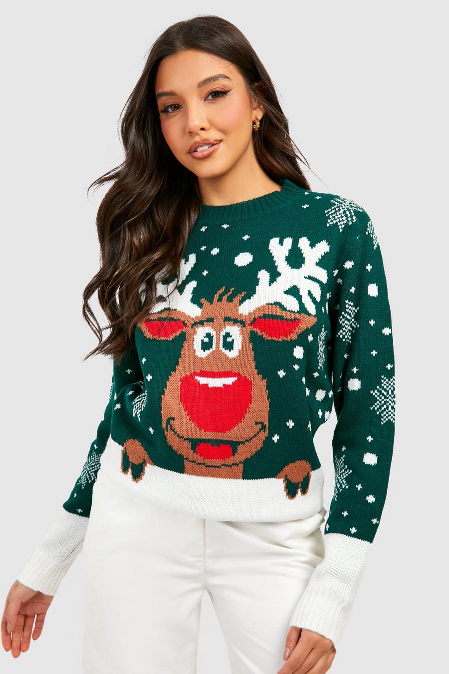Bottle green Contrast Hem Reindeer Christmas Sweater image number 1