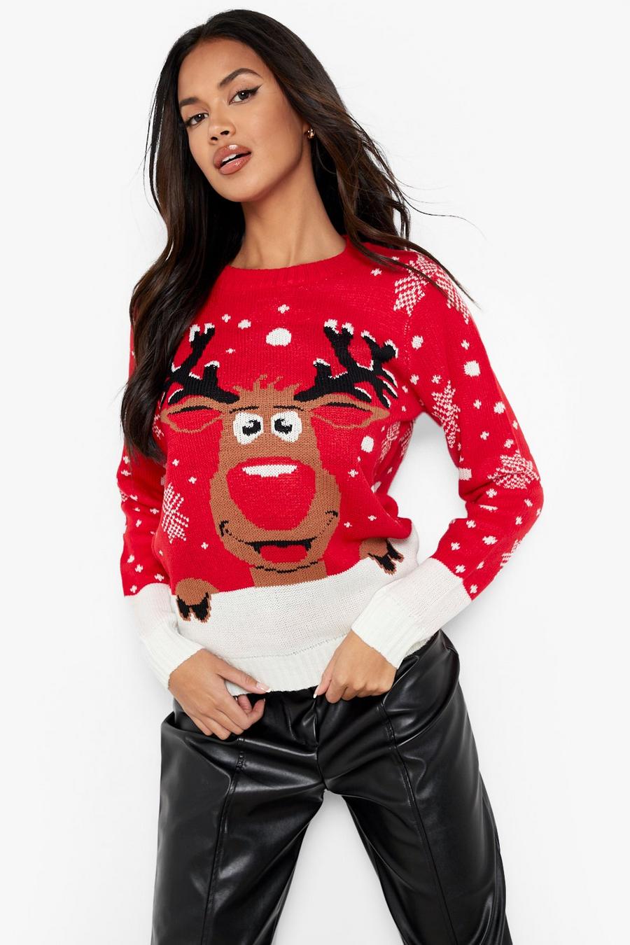 Red Contrast Hem Reindeer Christmas Sweater