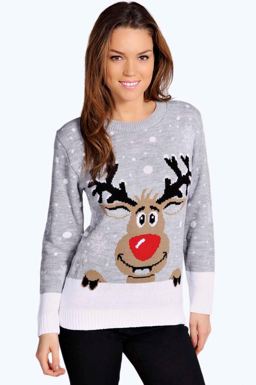 Silver Contrast Hem Reindeer Christmas Sweater image number 1