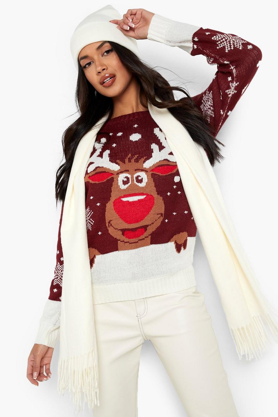 Wine Contrast Hem Reindeer Christmas Sweater image number 1