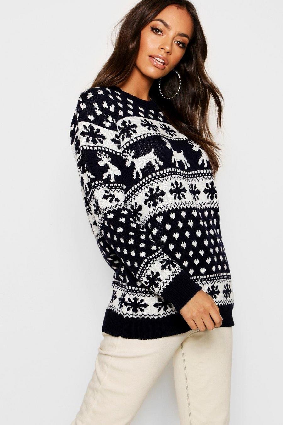 Navy Reindeer, Hearts & Snowflake Christmas Sweater image number 1