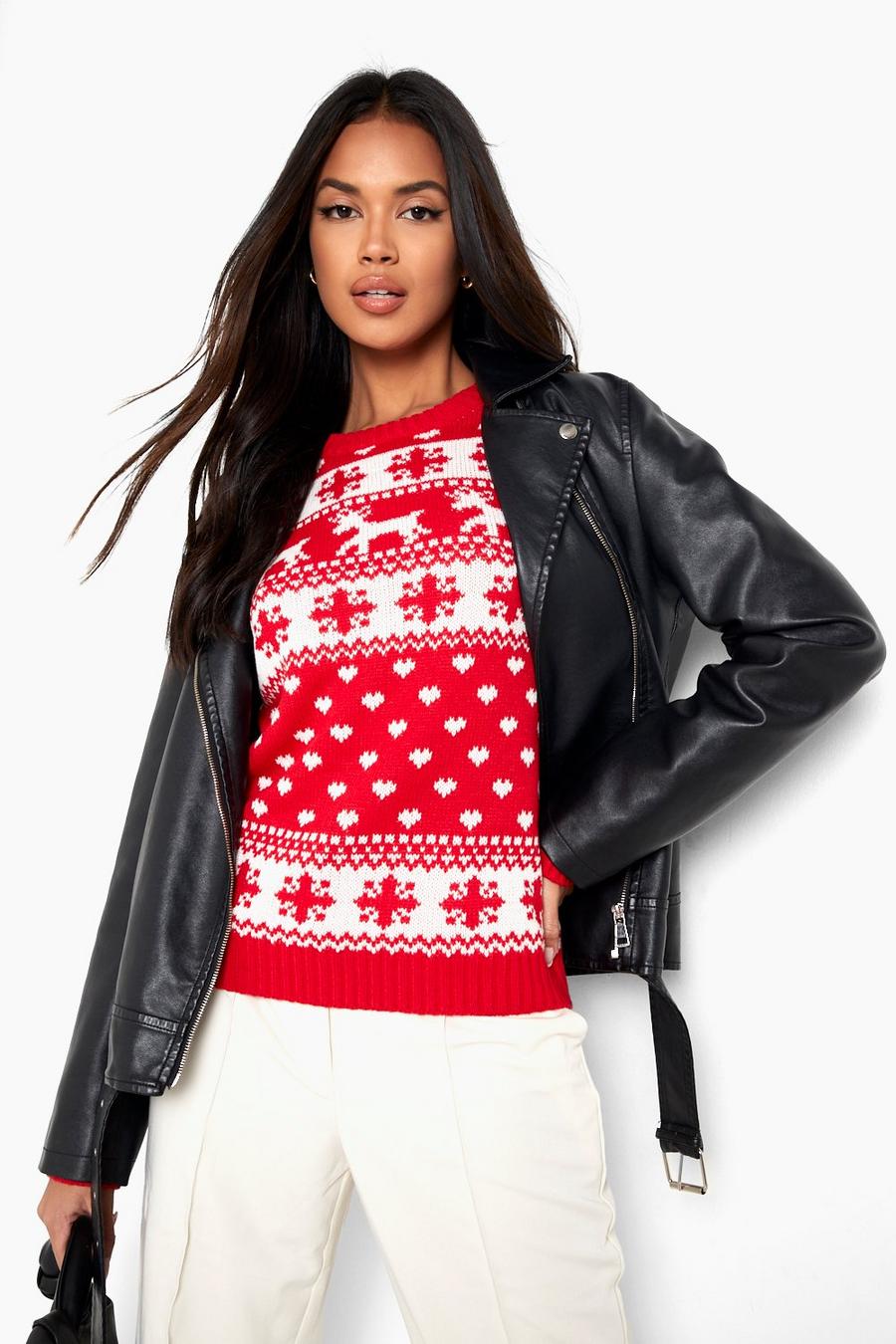 Red Reindeer, Hearts & Snowflake Christmas Sweater