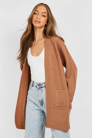 Camel Beige Cable Cardigan With Pockets