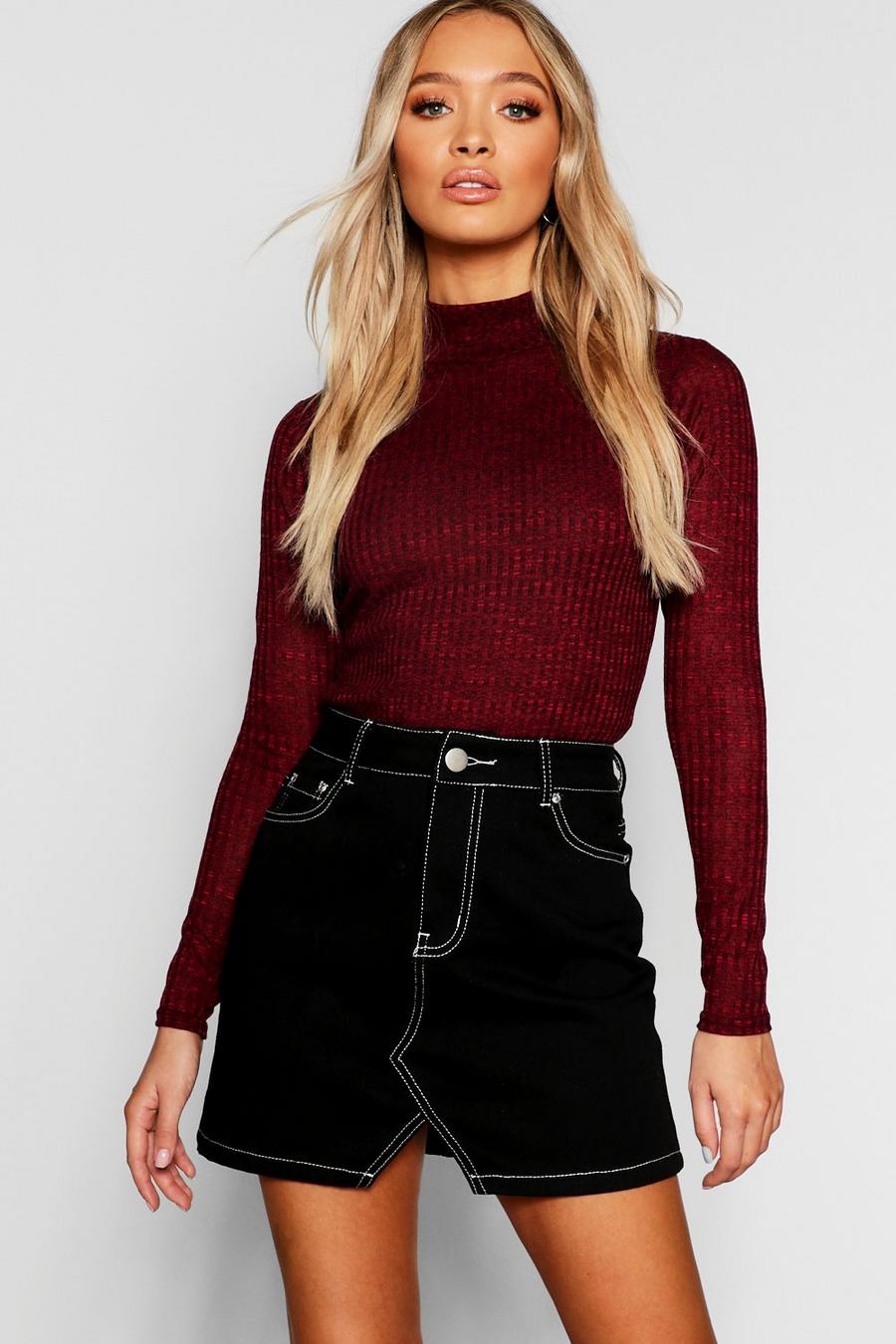 Wine Turtle Neck Rib Knit Top image number 1