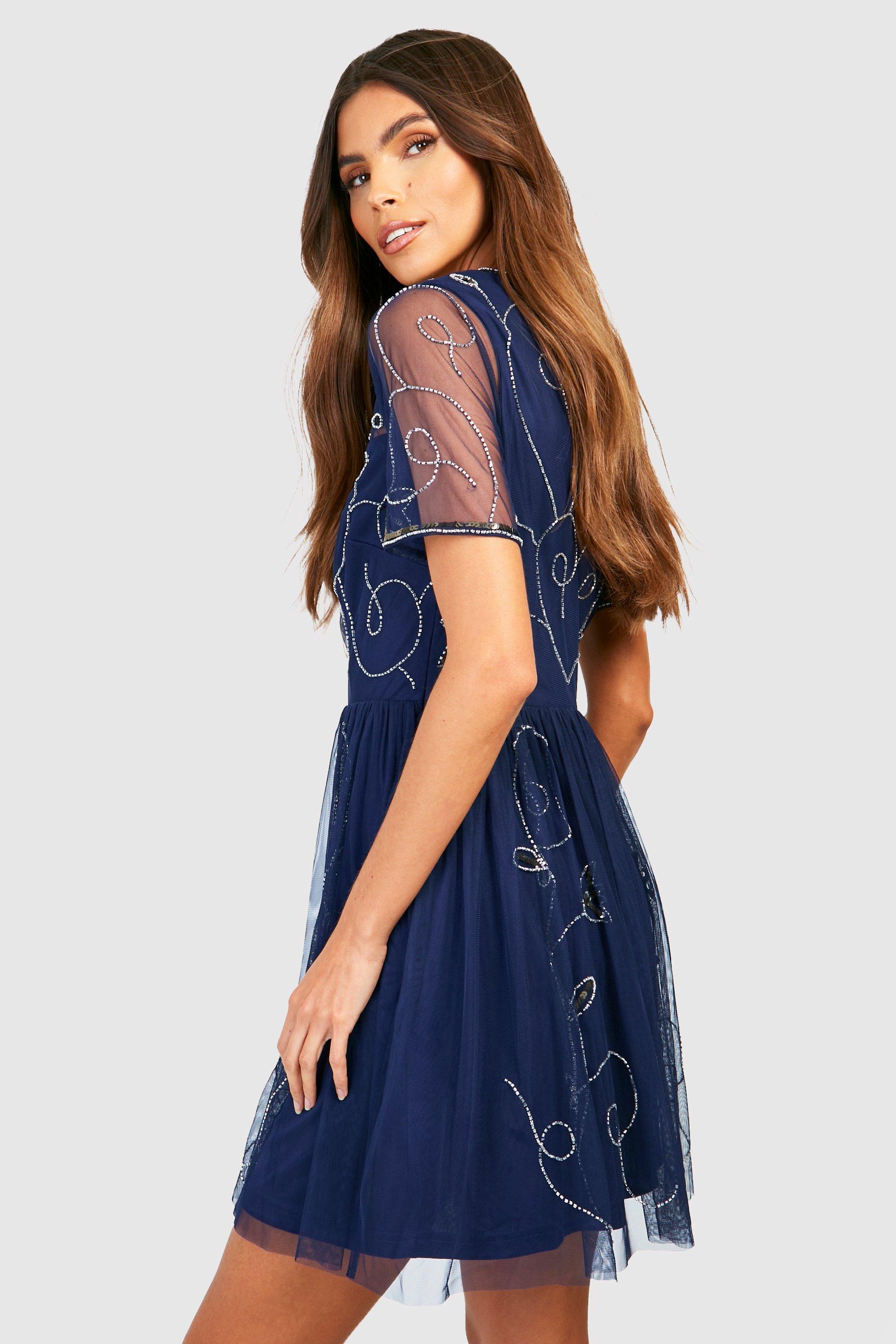 Boohoo twist detail skater dress best sale in navy