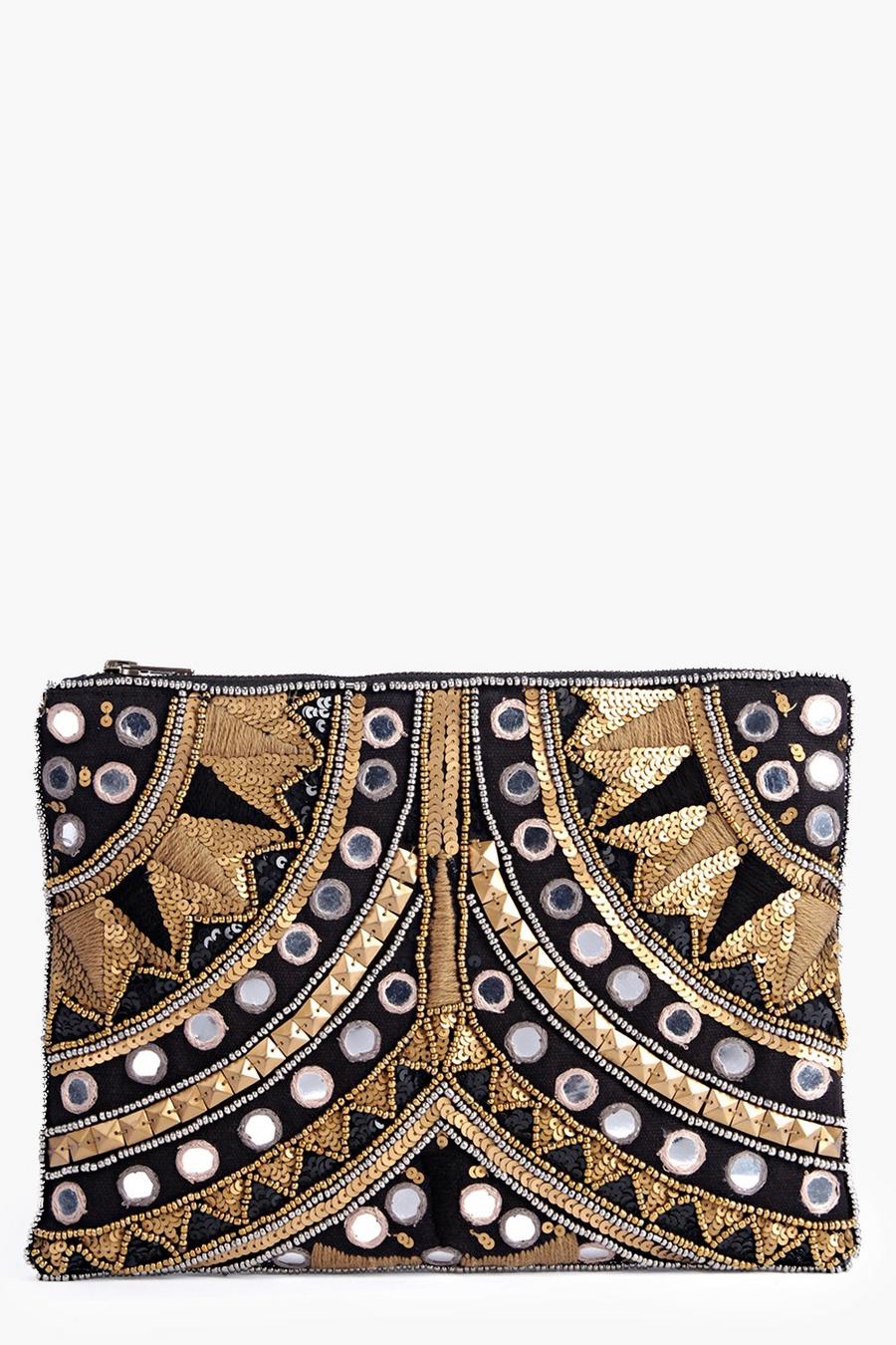 bolso clutch llamativo con adornos leah boutique, Dorado image number 1