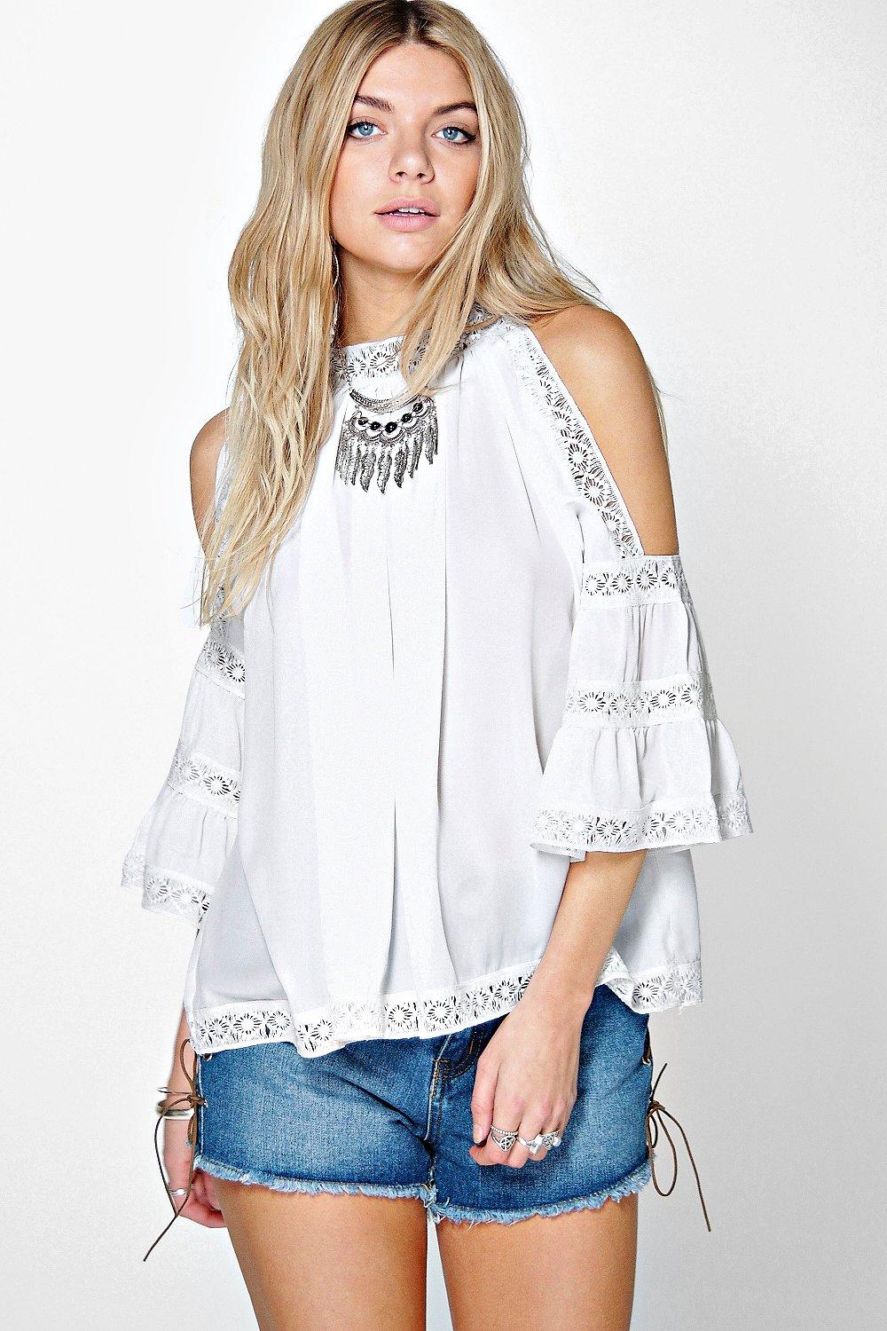 high neck open shoulder top
