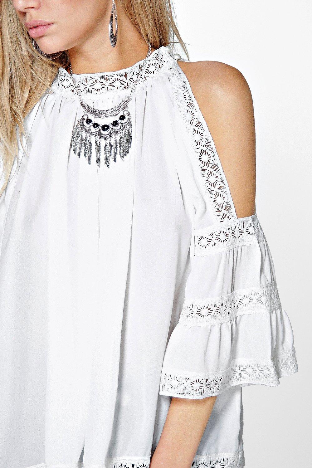 high neck open shoulder top