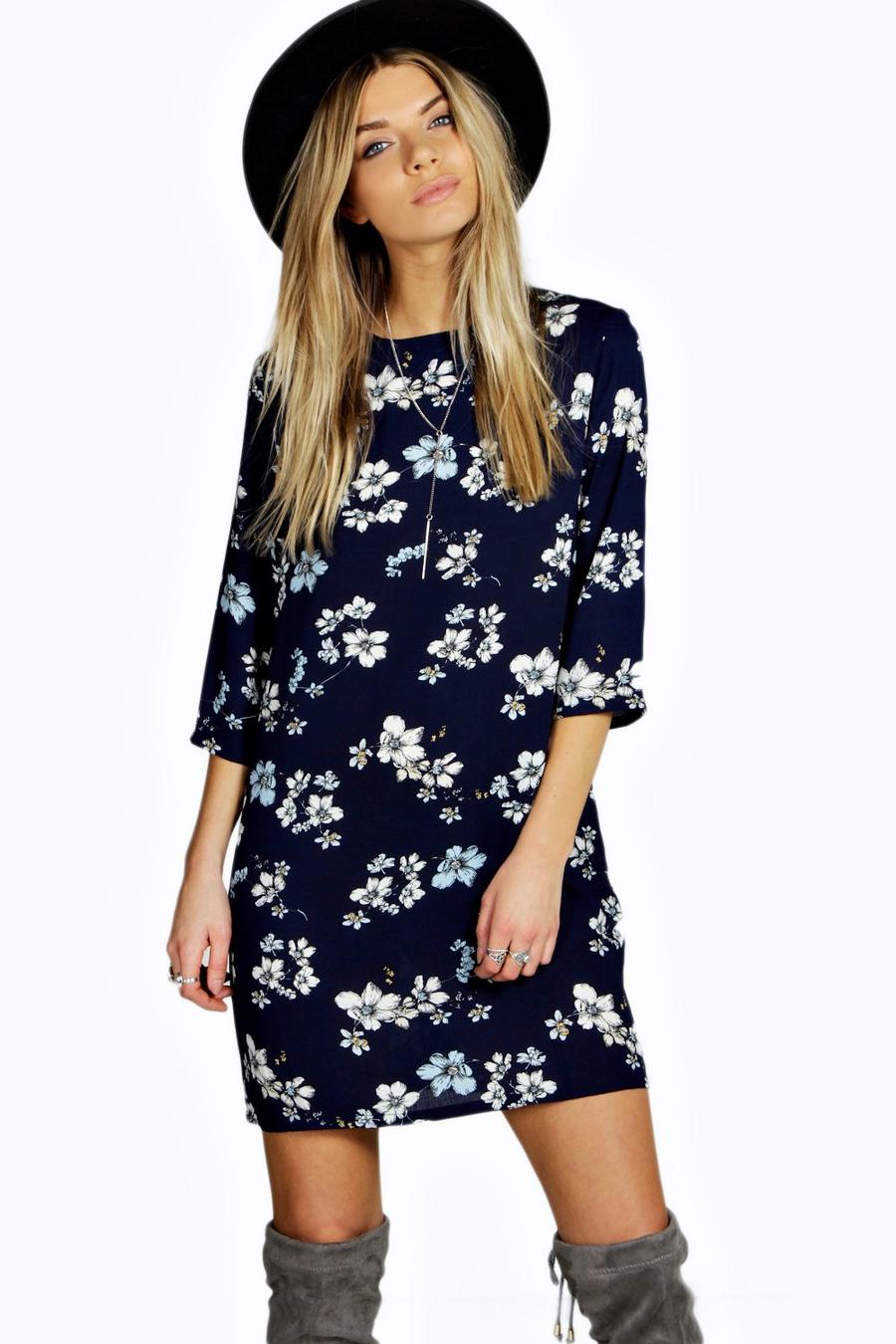 Lucia Floral Print 3/4 Sleeve Shift Dress, Navy image number 1