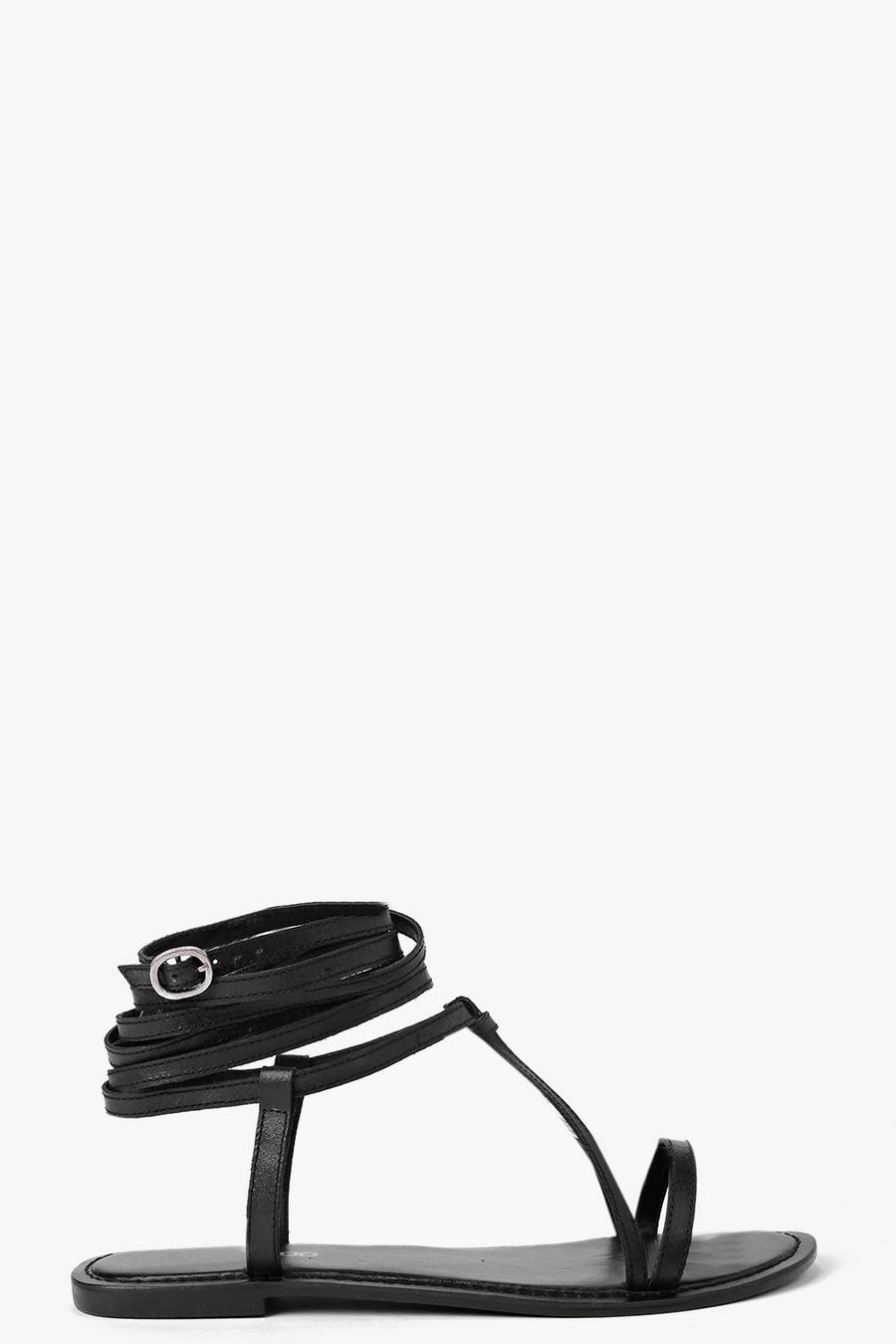 Black Boutique Wrap Strap Leather Ghillie Sandals image number 1