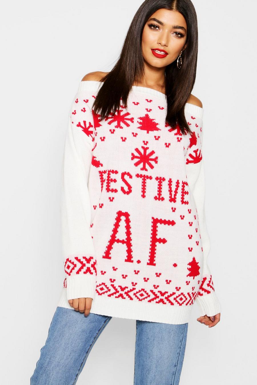 Cream Festive Af Slogan Christmas Sweater image number 1