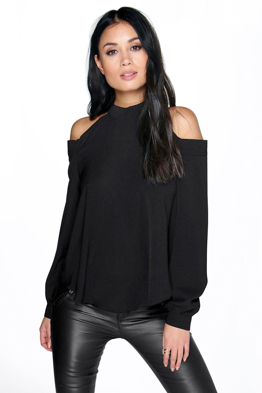 high neck open shoulder top