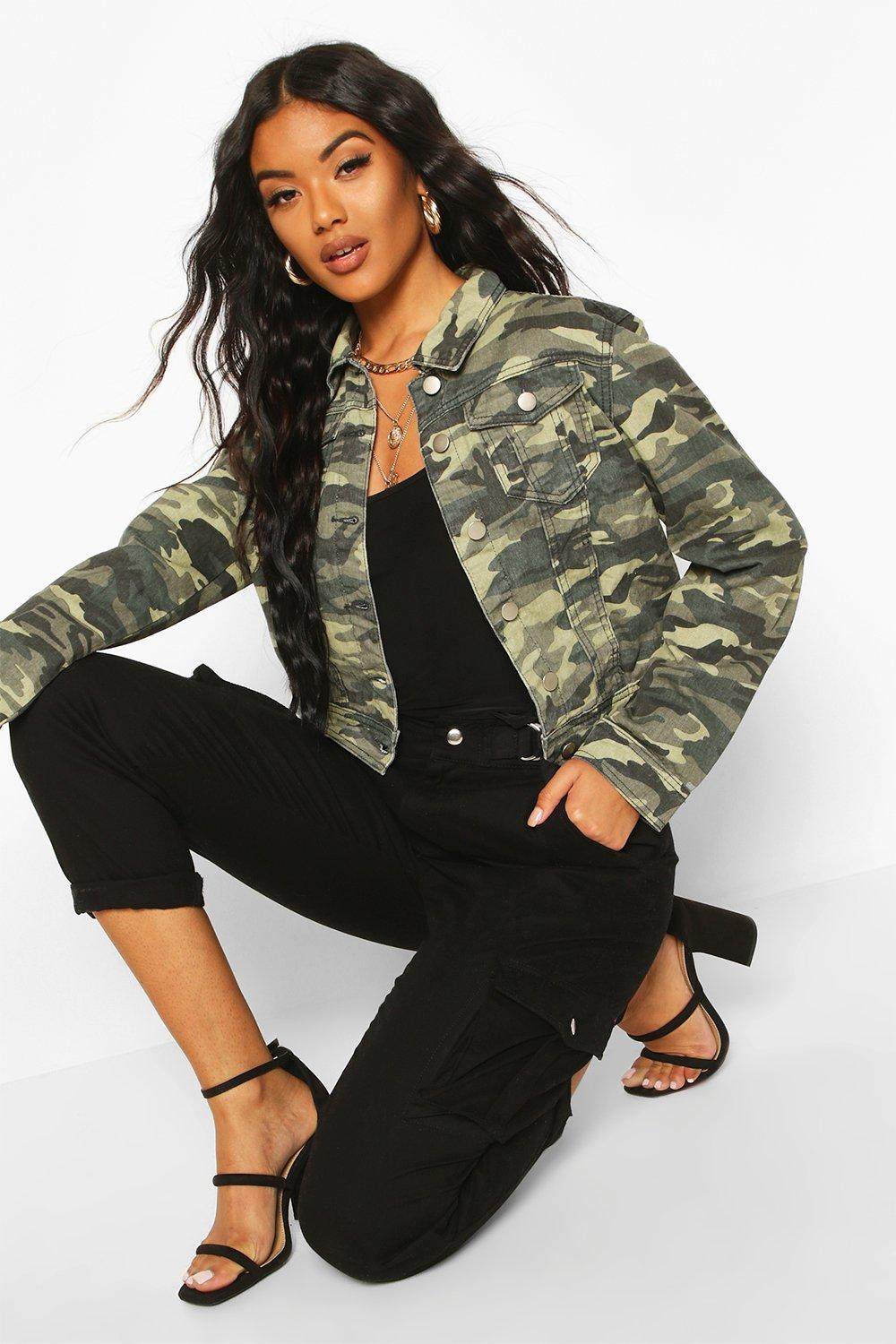 Khaki Camo Cropped Denim Jacket