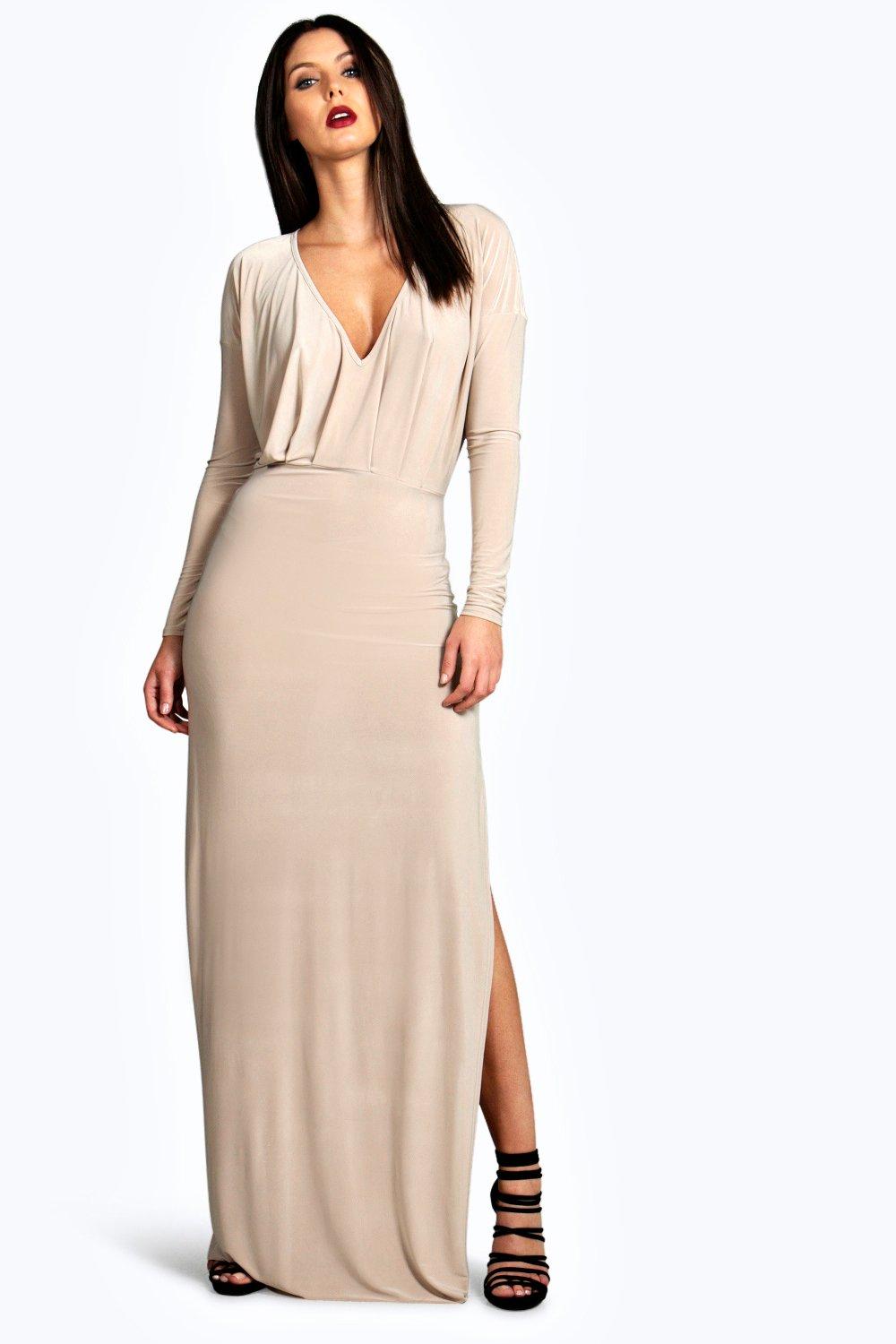 plunging neckline maxi dress with sleeves