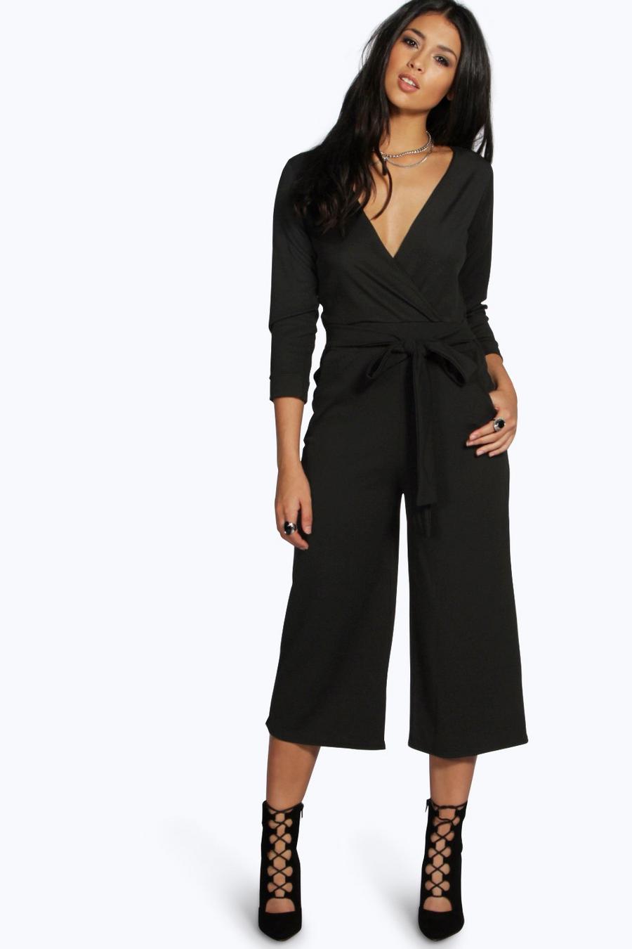 Black svart Roll Sleeve Relaxed Culotte Jumpsuit image number 1