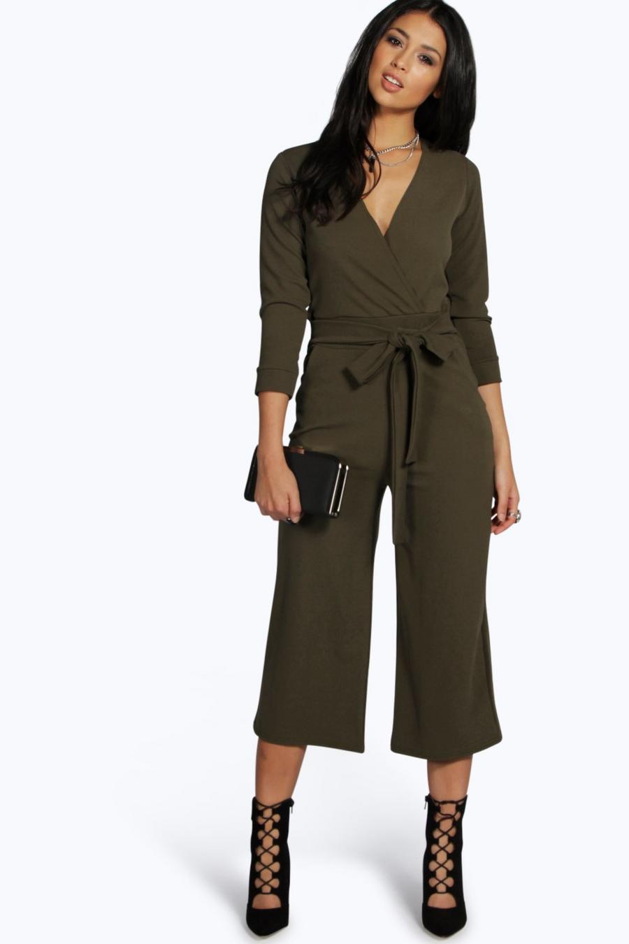 Khaki Roll Sleeve Relaxed Culotte Jumpsuit image number 1