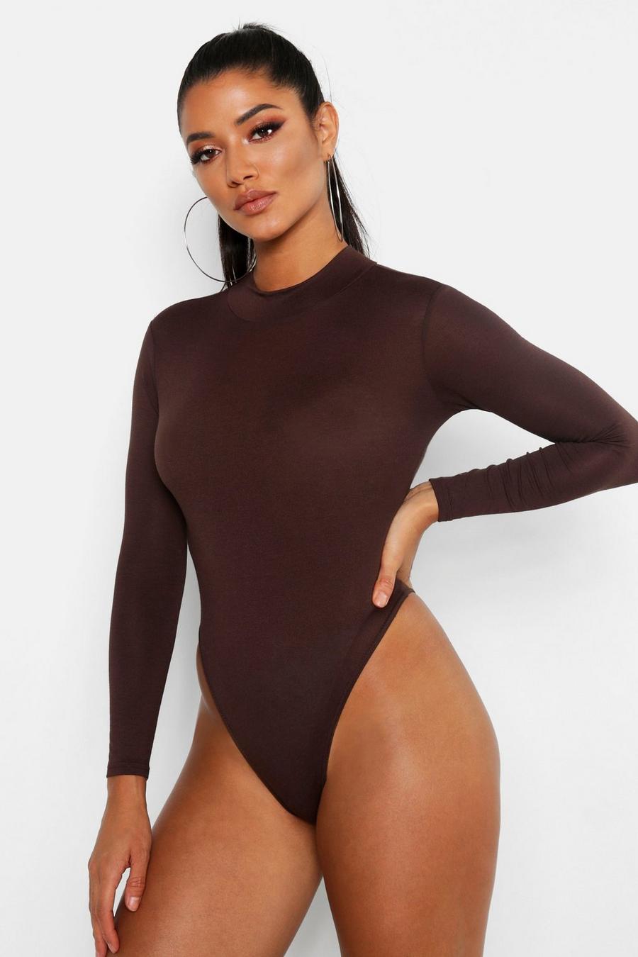 Body a girocollo basic con maniche lunghe, Brown image number 1