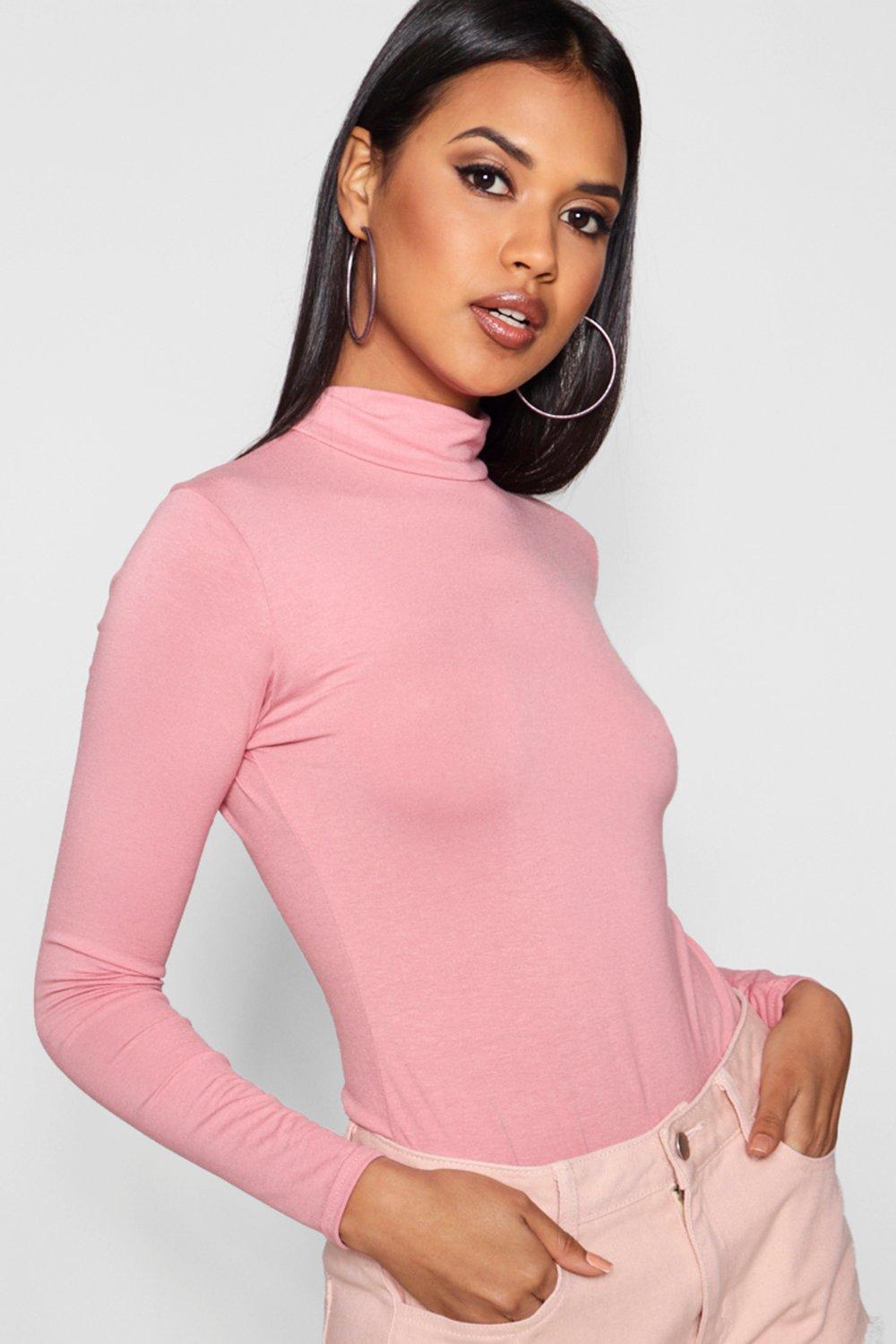 Women's Pink Basic Turtle Neck Long Sleeve Bodysuit