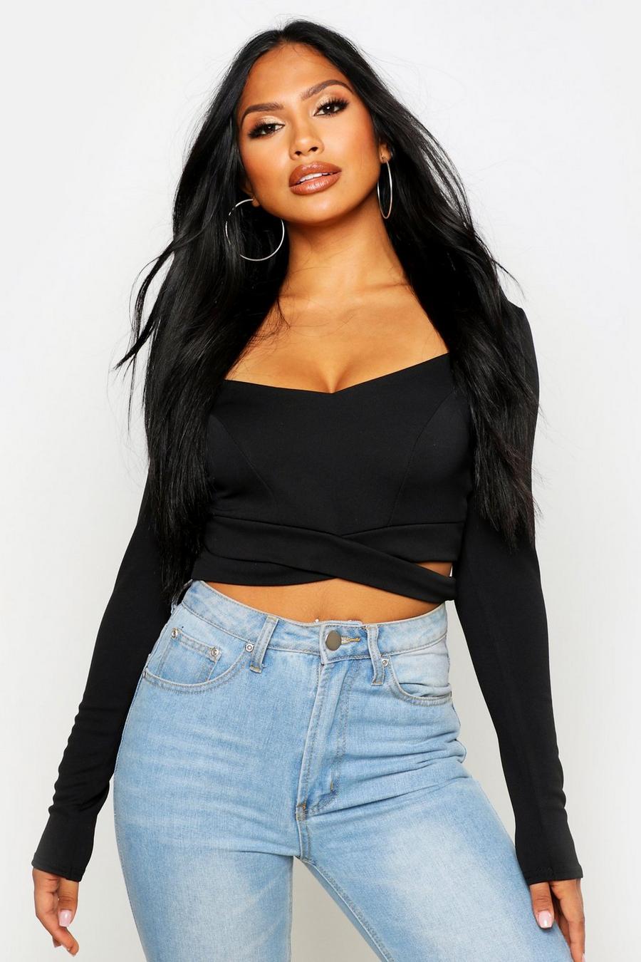 Black Long Sleeve Cut Out Crop Top image number 1