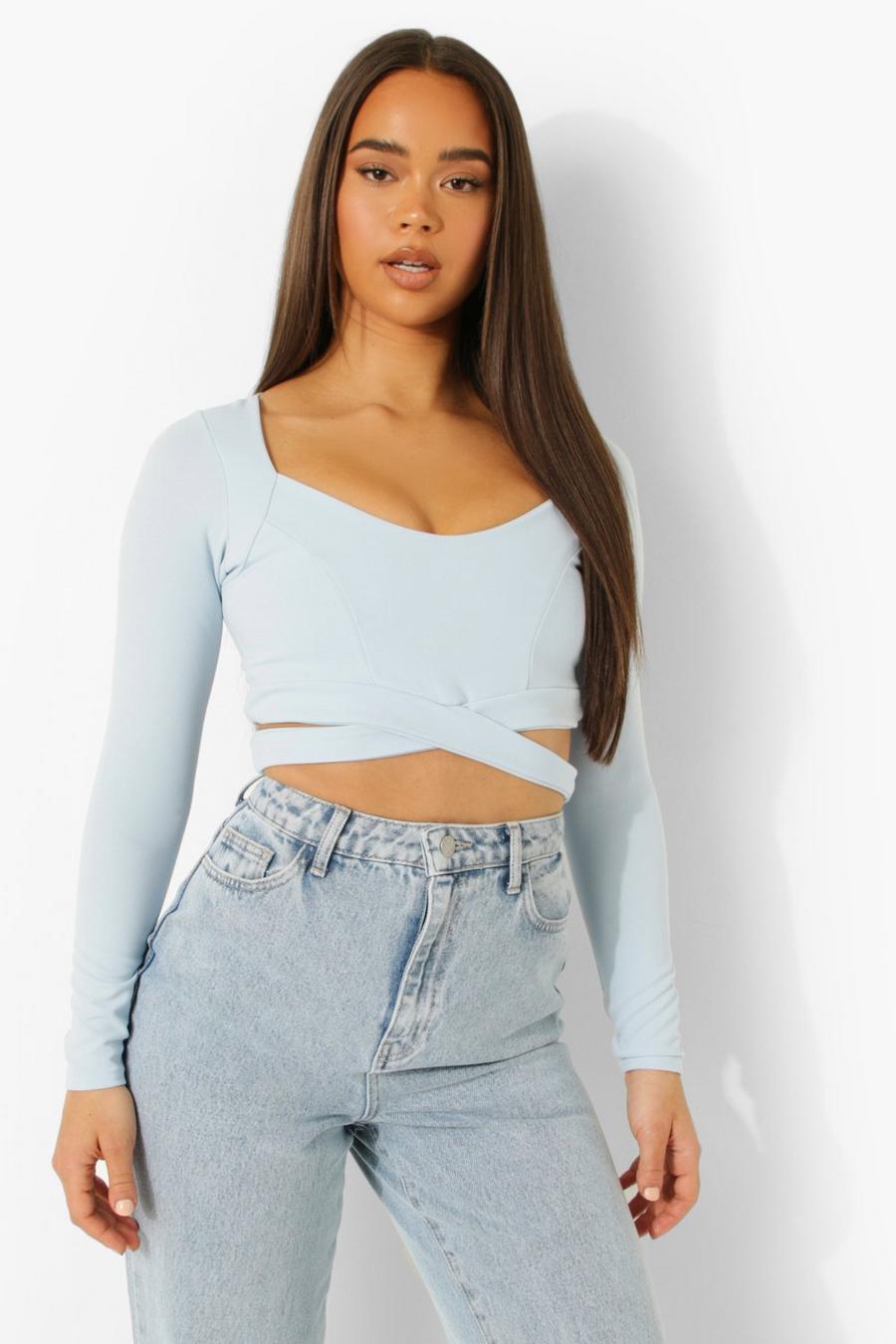Pale blue Long Sleeve Cut Out Crop Top image number 1