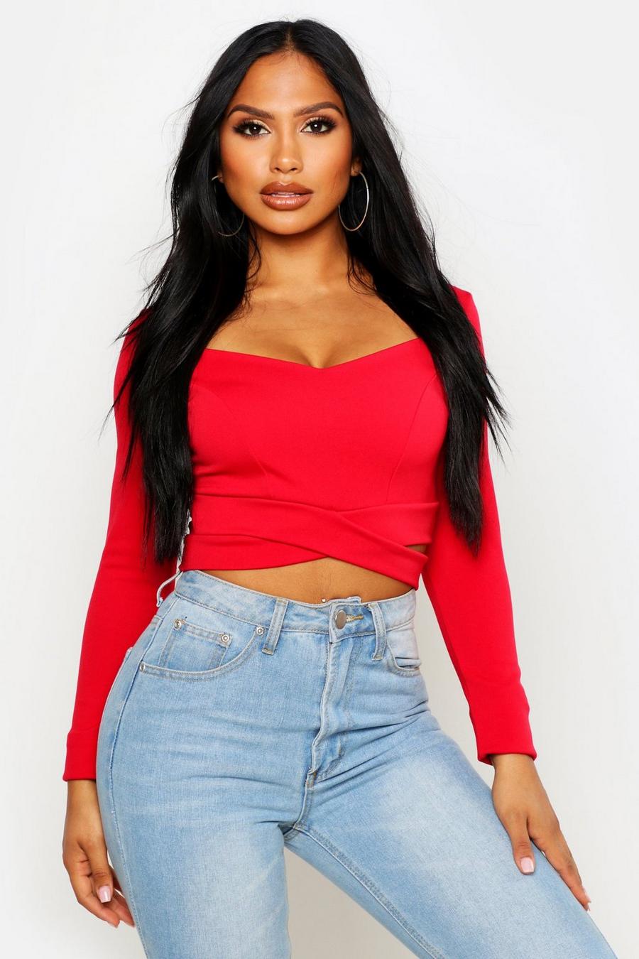 Red Long Sleeve Cut Out Crop Top image number 1