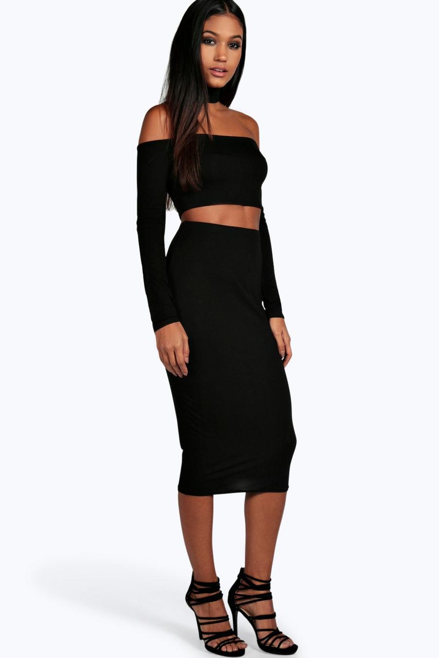 Black Ara Off The Shoulder Top Mini Skirt Co-Ord Set image number 1