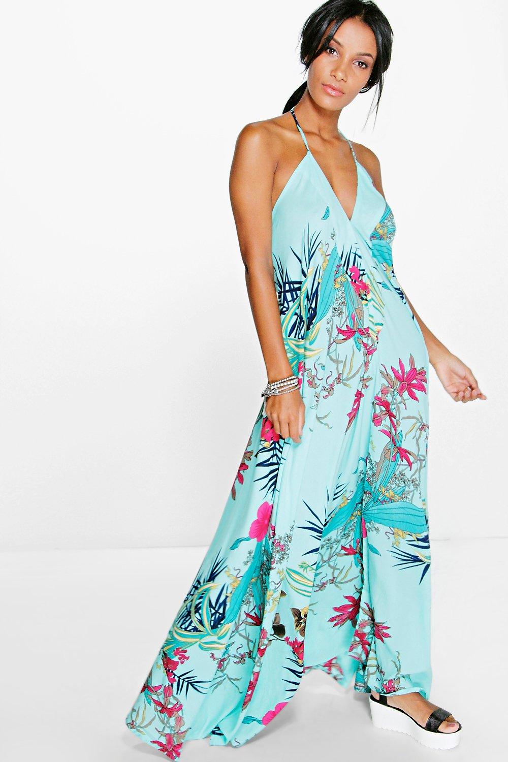 tropical halter maxi dress