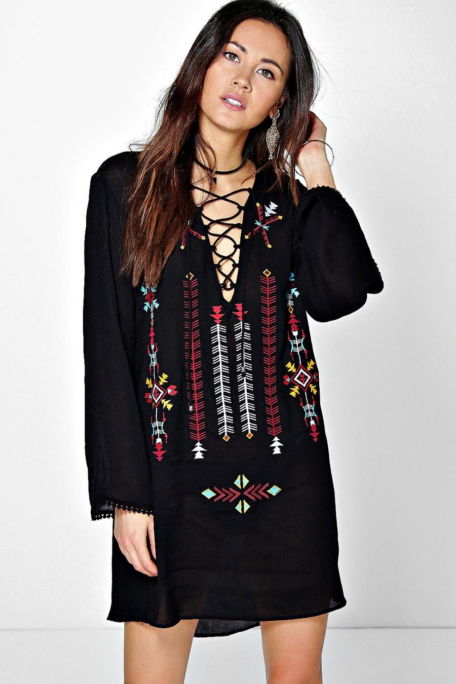 Zahra Tribal Embroidered Lace Up Tunic Dress image number 1