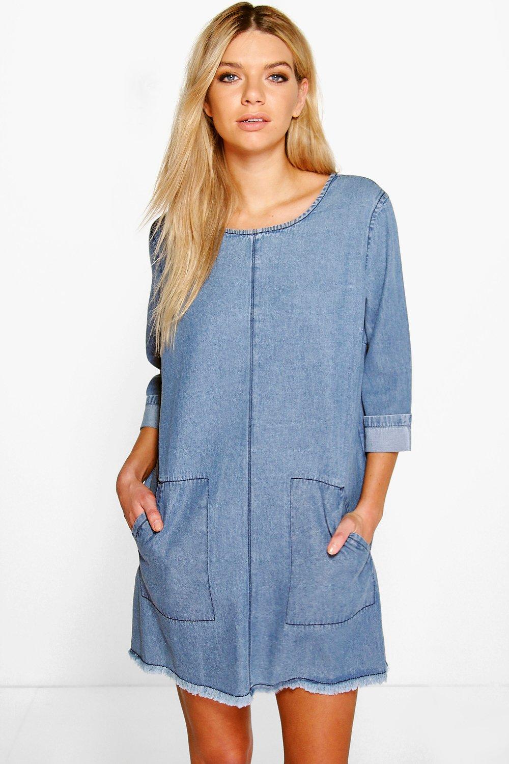 denim shift dress with pockets