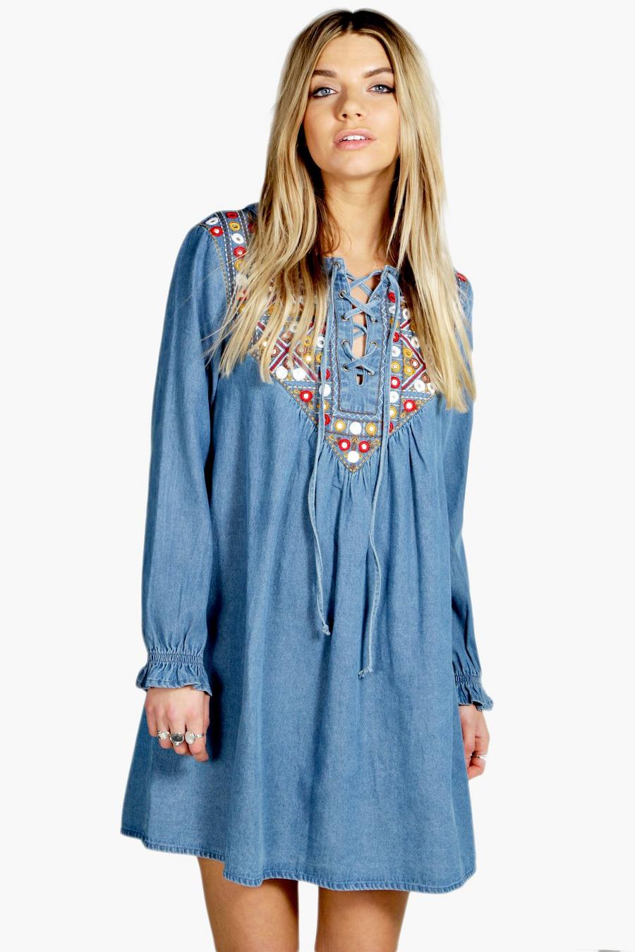 Boutique Laura Embroidered Denim Smock Dress image number 1