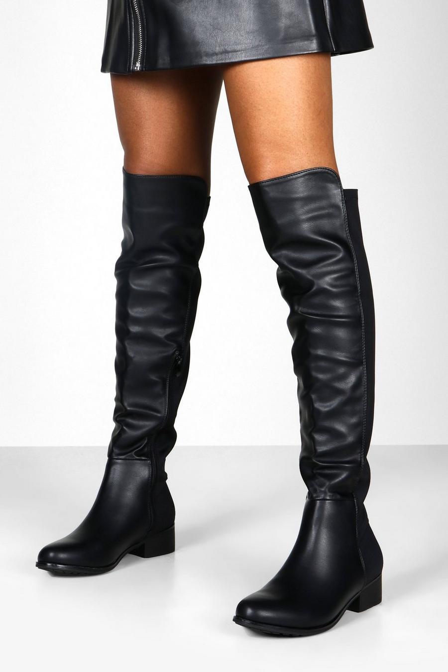 Black Elastic Back Over The Knee High Boots