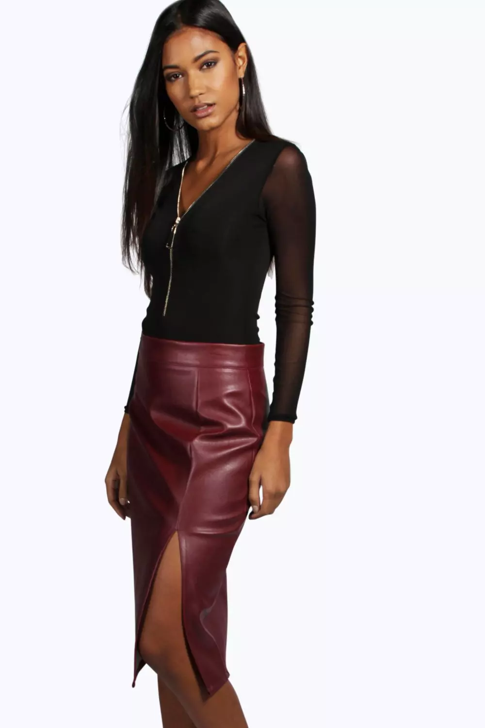 Burgundy leather shop look midi skirt