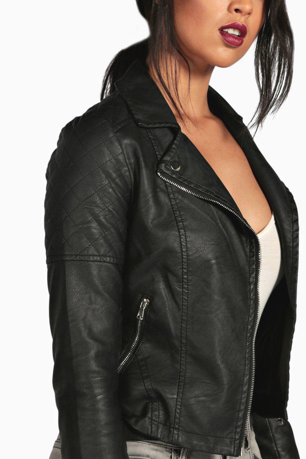 Black leather jacket clearance boohoo