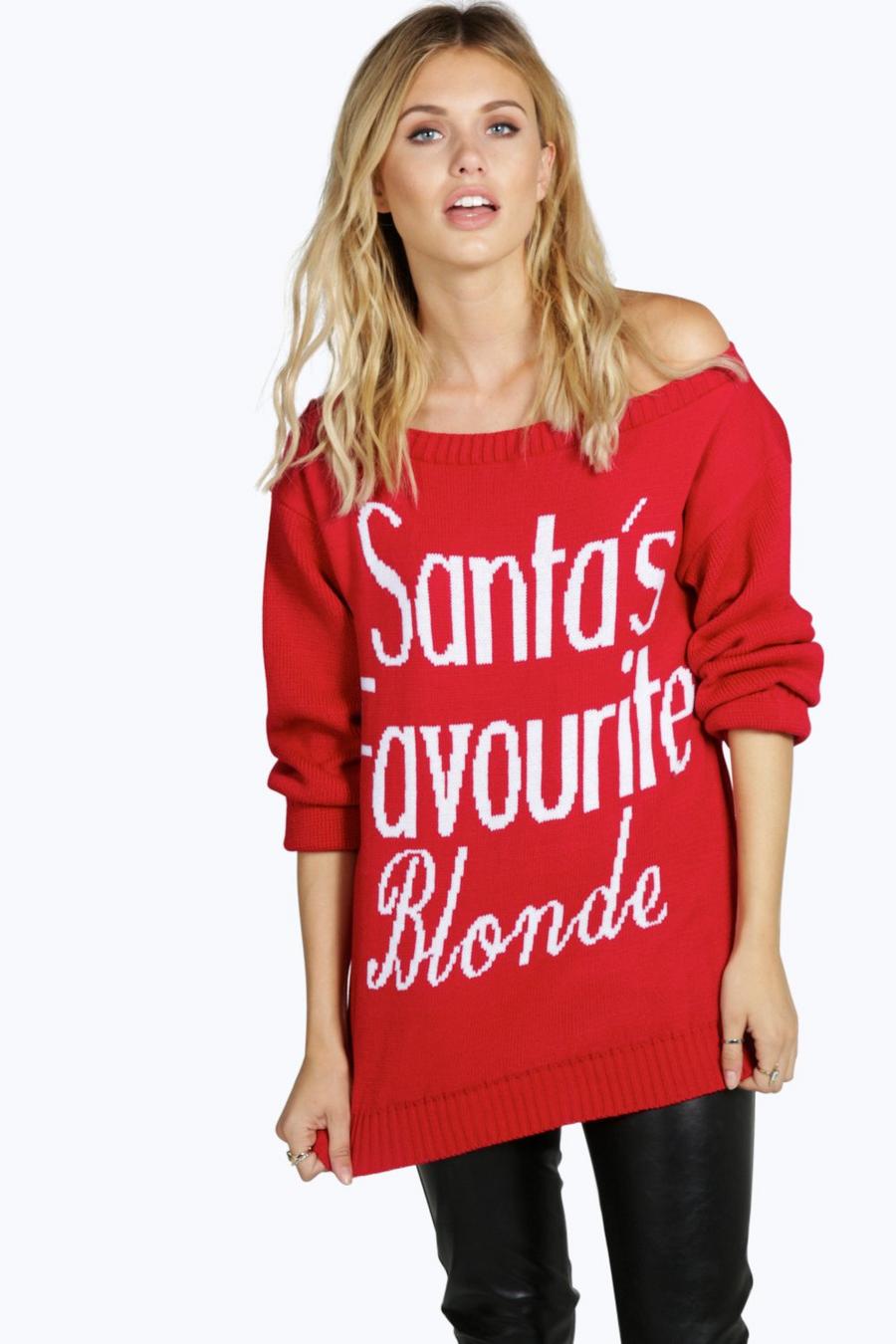 Pullover natalizio con scritta "santa's favourite blonde" image number 1