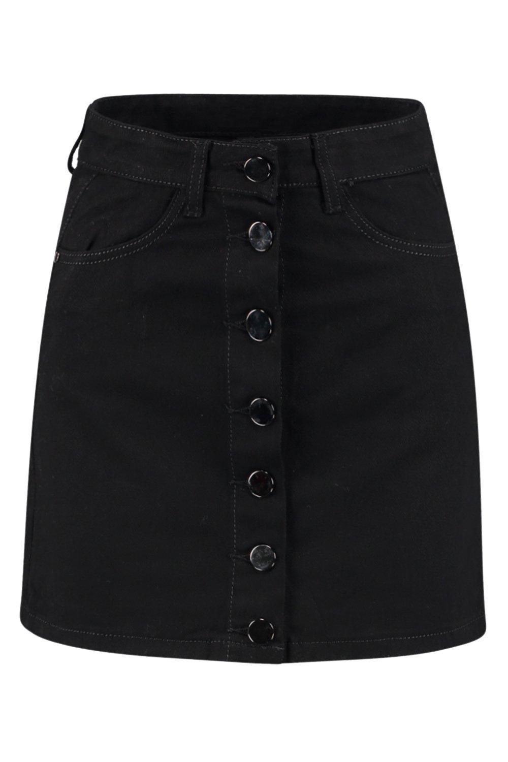 Black Denim Button Through Mini Skirt 