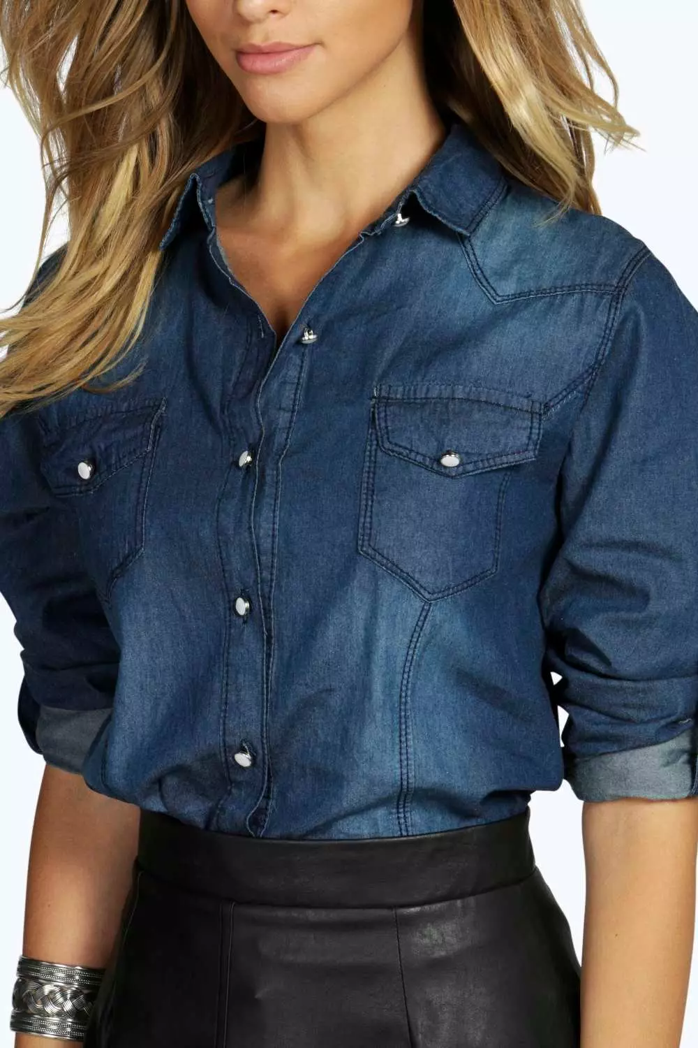 Dark wash store denim shirt womens