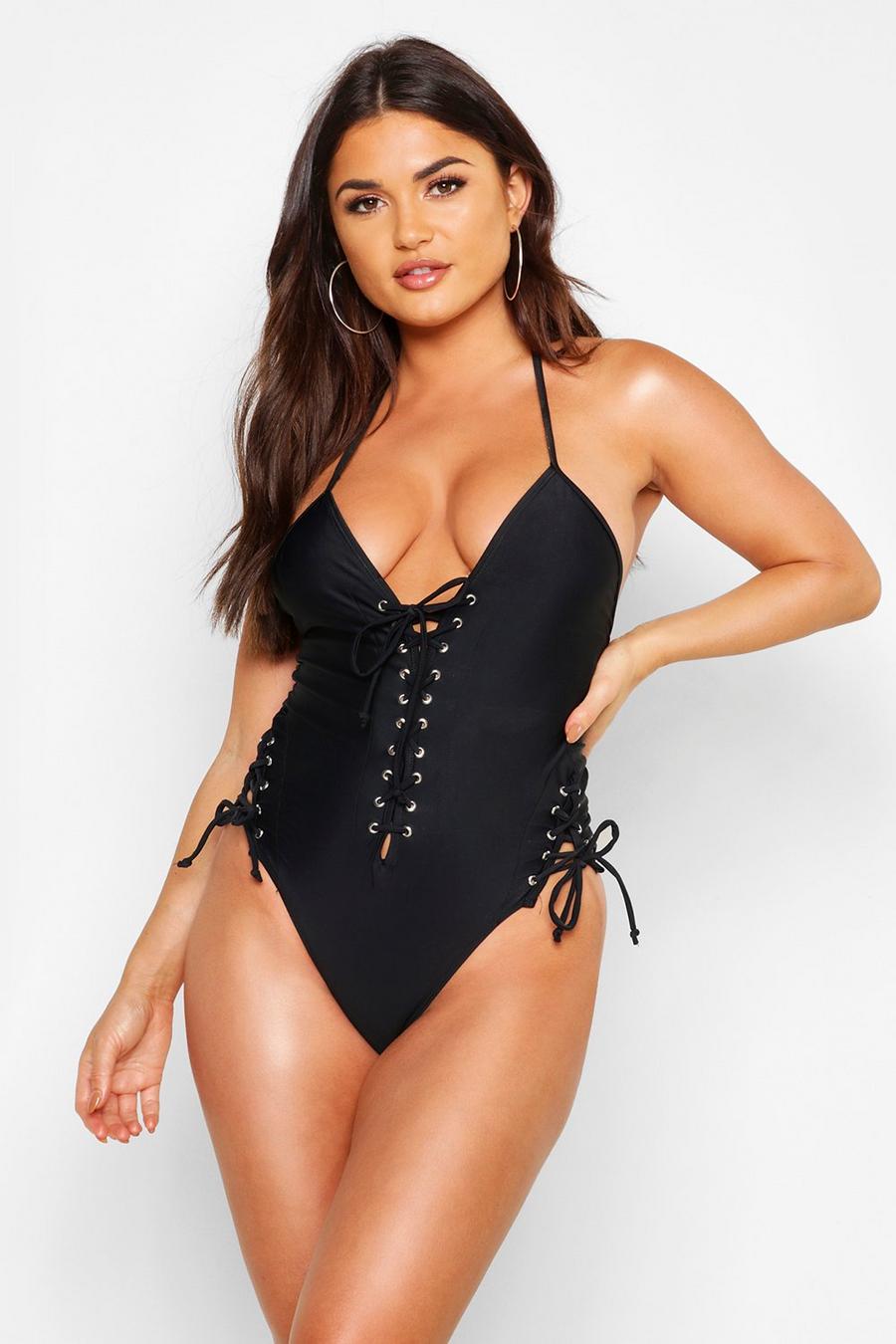 Black Boutique Lace Up Front Tie Side Swimsuit image number 1