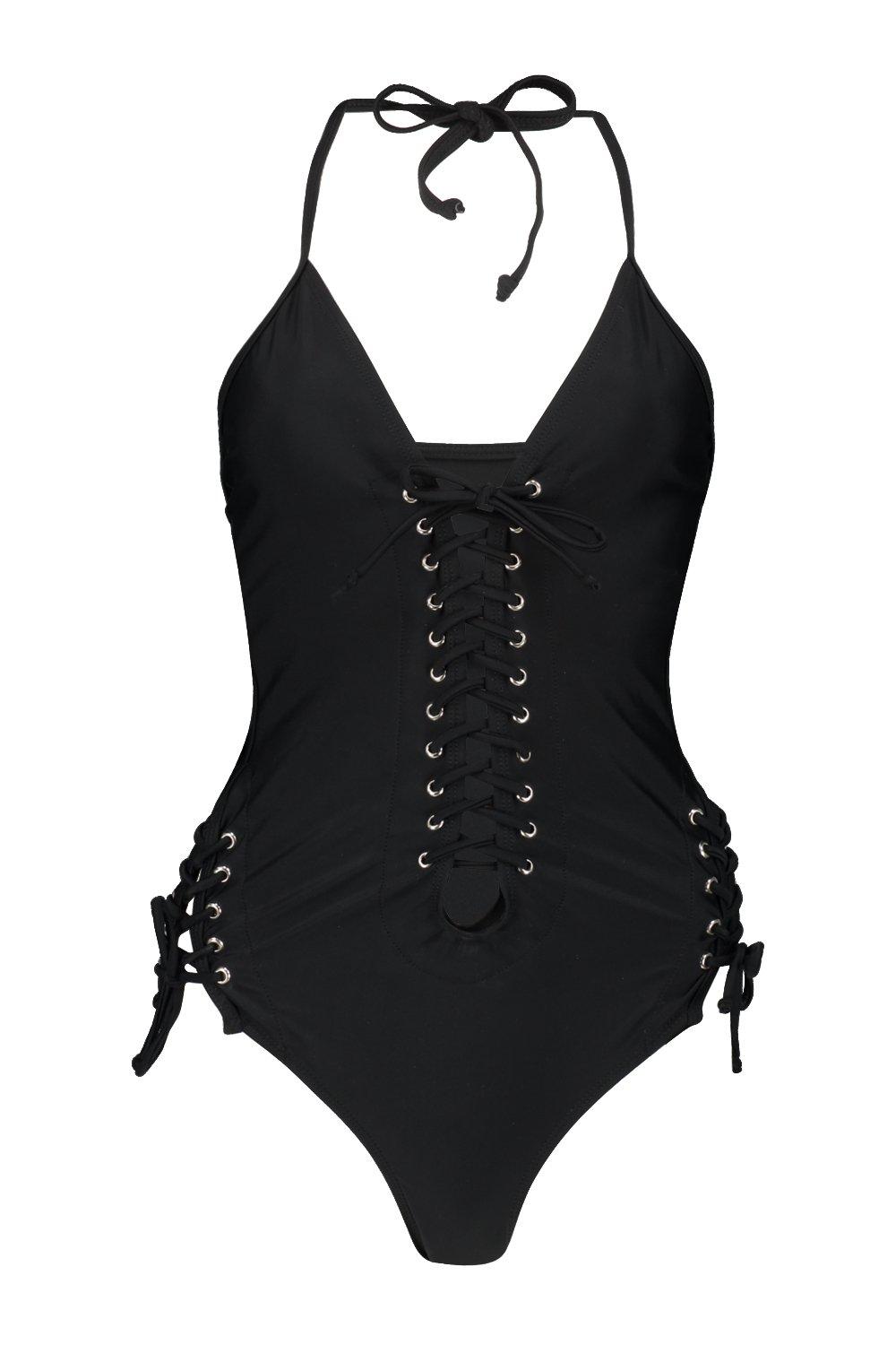 Black Lace Up Front Swimsuit