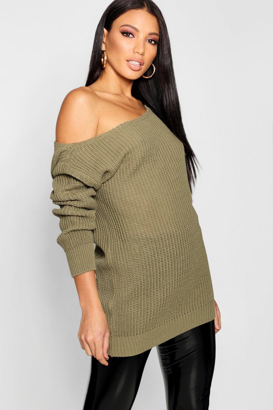 Khaki Slash Neck Fisherman Sweater image number 1